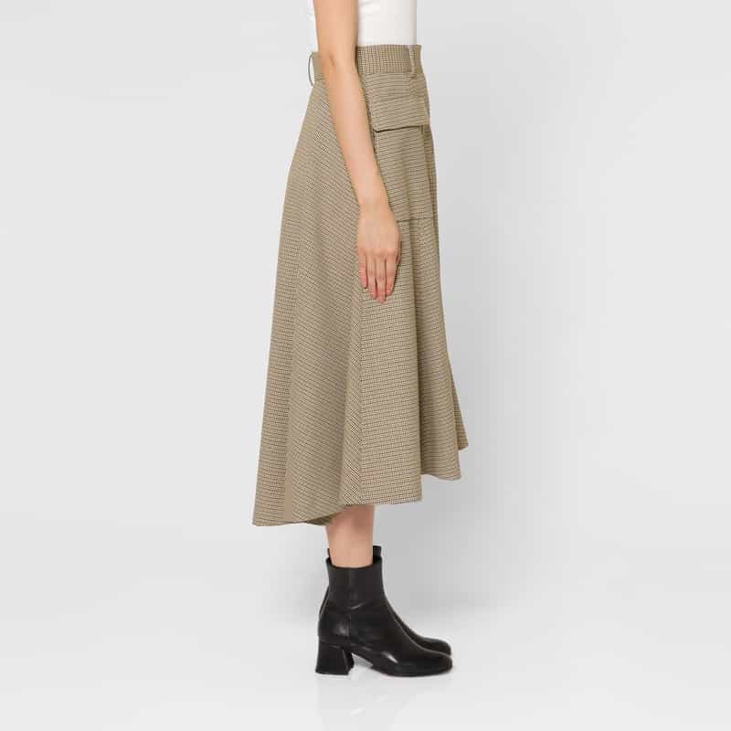 BARNEYS NEW YORK 千鳥格子柄 Aラインサファリスカート BROWN