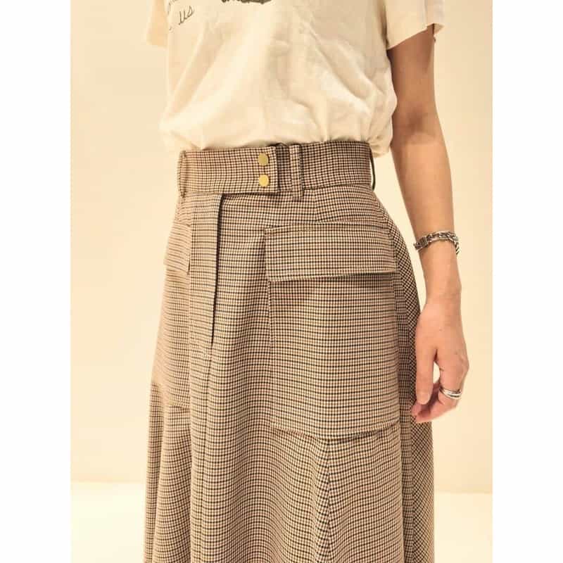 BARNEYS NEW YORK 千鳥格子柄 Aラインサファリスカート BROWN
