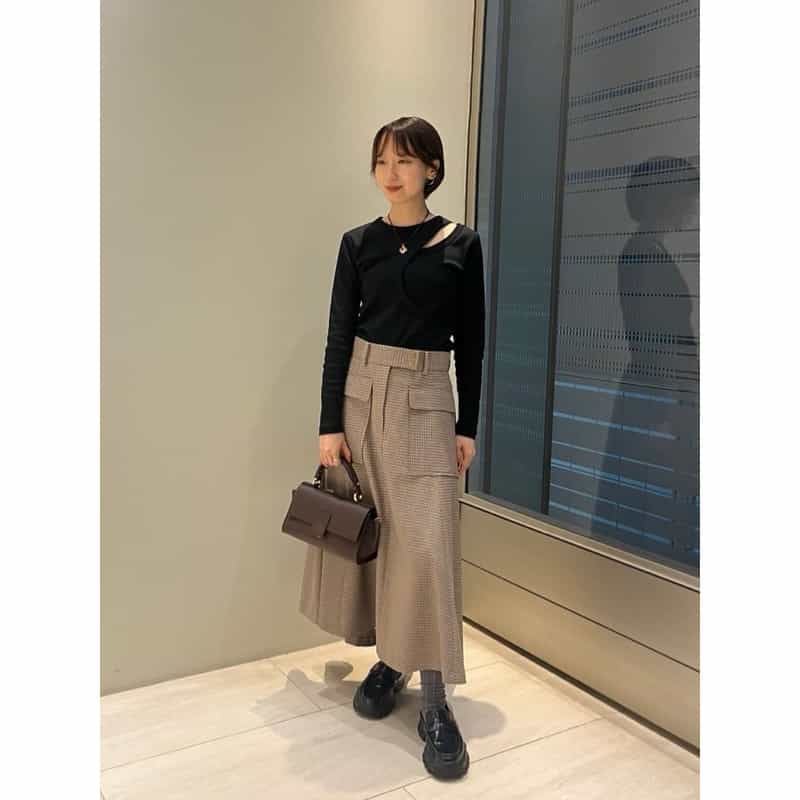 BARNEYS NEW YORK 千鳥格子柄 Aラインサファリスカート BROWN