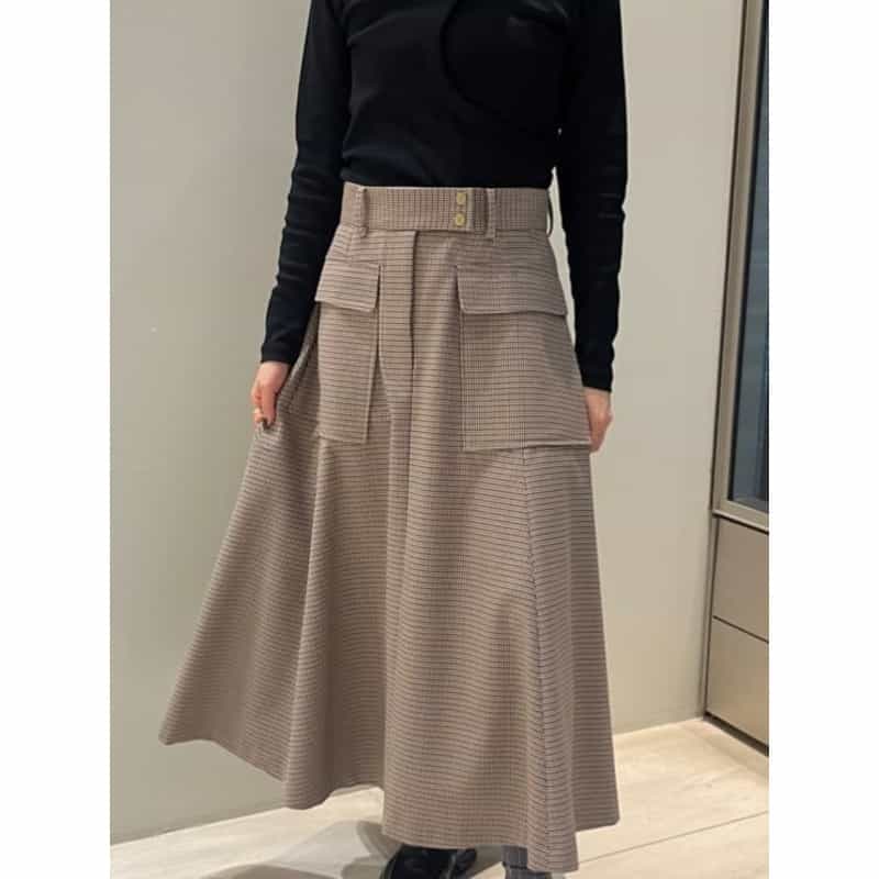BARNEYS NEW YORK 千鳥格子柄 Aラインサファリスカート BROWN
