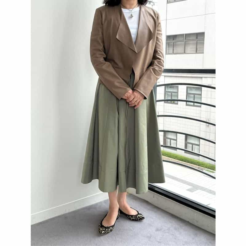 BARNEYS NEW YORK ウォッシャブル タフタ素材フロントジップベルテッドスカート OLIVE