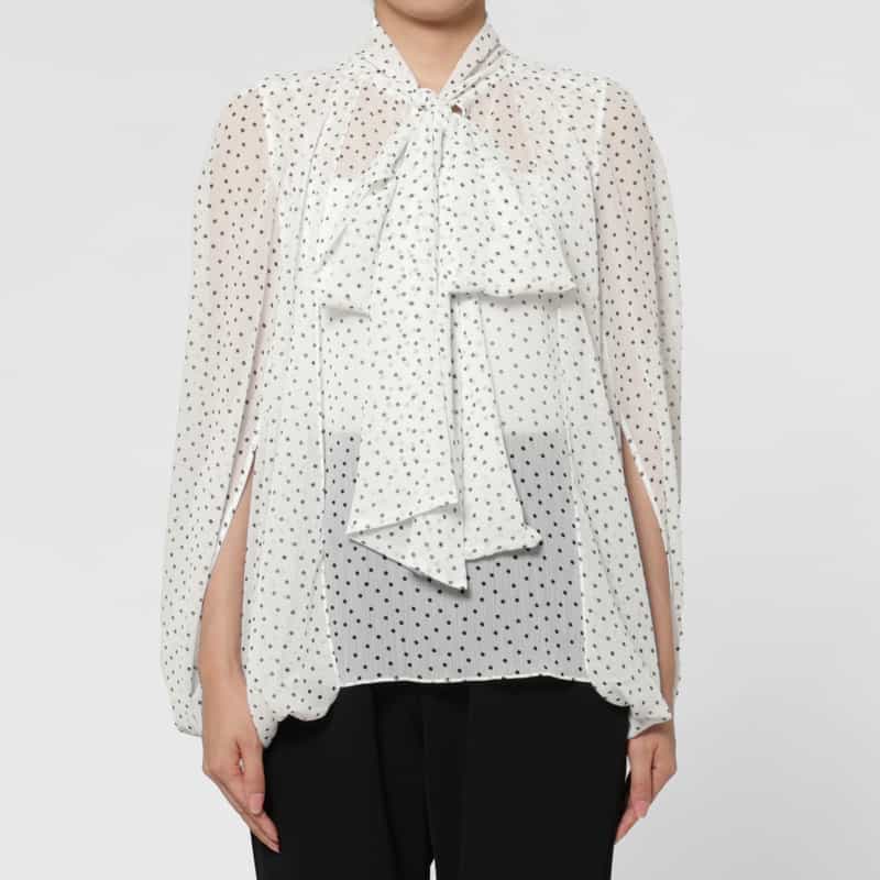 BARNEYS NEW YORK シアー素材ドット柄ボウタイ付きケープブラウス WHITE