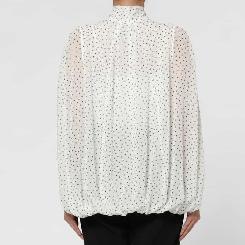 BARNEYS NEW YORK シアー素材ドット柄ボウタイ付きケープブラウス WHITE