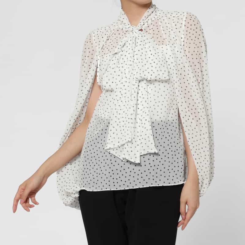 BARNEYS NEW YORK シアー素材ドット柄ボウタイ付きケープブラウス WHITE