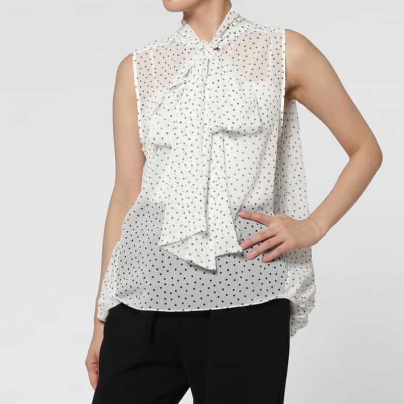 BARNEYS NEW YORK シアー素材ドット柄ボウタイ付きケープブラウス WHITE
