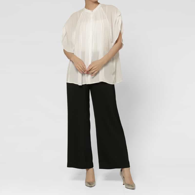 BARNEYS NEW YORK ウォッシャブル シアー素材ギャザーラグランブラウス WHITE