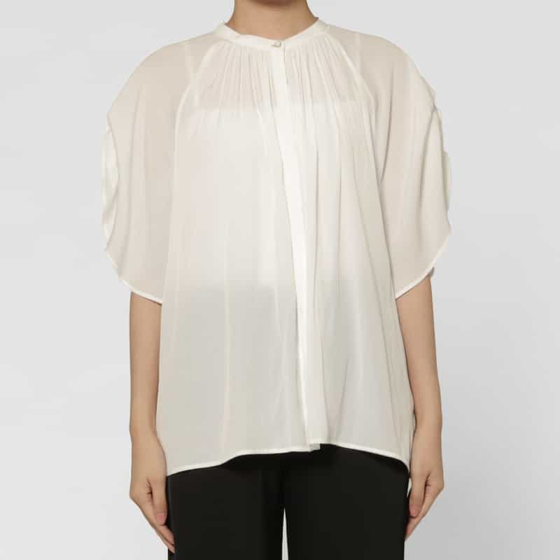 BARNEYS NEW YORK ウォッシャブル シアー素材ギャザーラグランブラウス WHITE