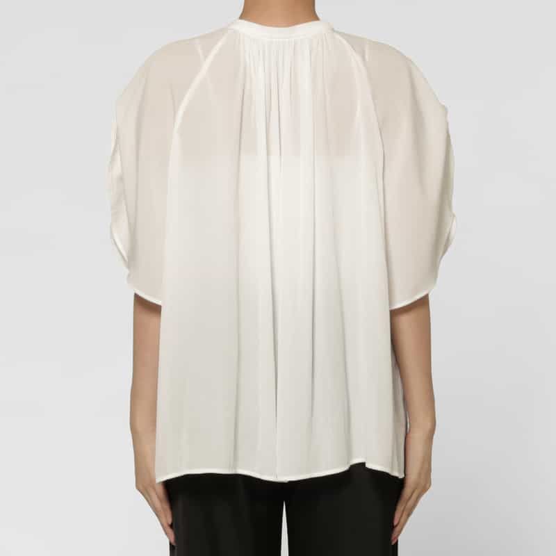 BARNEYS NEW YORK ウォッシャブル シアー素材ギャザーラグランブラウス WHITE