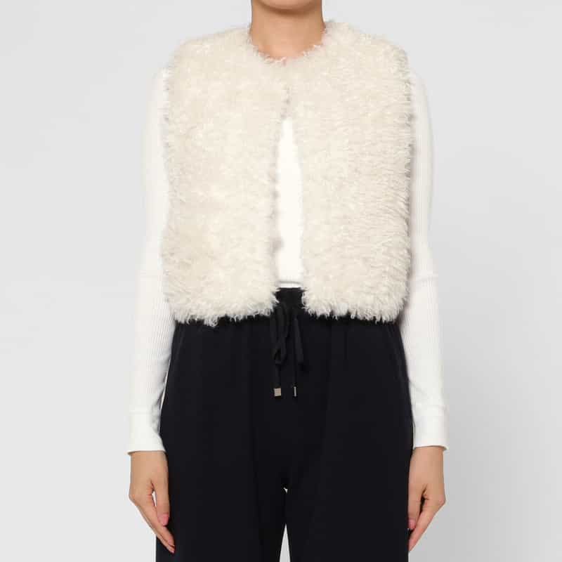 BARNEYS NEW YORK ボア素材 ショートジレ WHITE