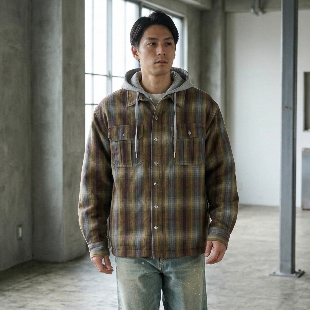 中綿オンブレチェックフーディシャツブルゾン