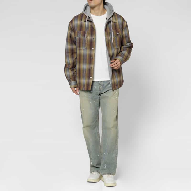 BARNEYS NEW YORK テンセル素材中綿入りフード付きオンブレチェック柄シャツブルゾン YELLOW