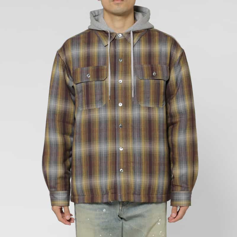 BARNEYS NEW YORK テンセル素材中綿入りフード付きオンブレチェック柄シャツブルゾン YELLOW
