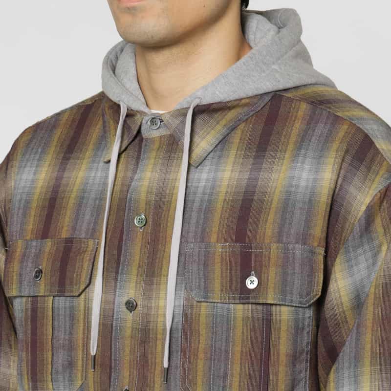 BARNEYS NEW YORK テンセル素材中綿入りフード付きオンブレチェック柄シャツブルゾン YELLOW