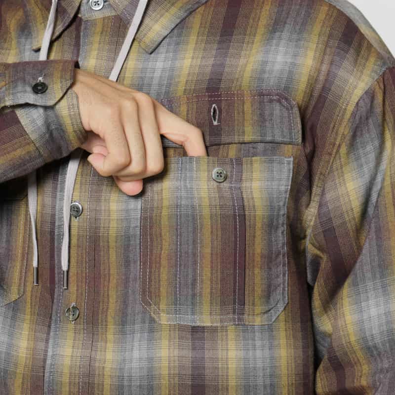 BARNEYS NEW YORK テンセル素材中綿入りフード付きオンブレチェック柄シャツブルゾン YELLOW