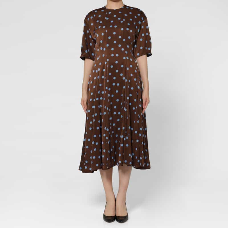 BARNEYS NEW YORK スエードライク ドット柄フレアドレス BROWN