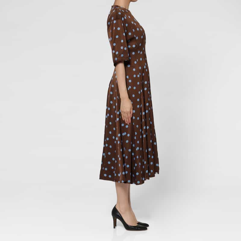 BARNEYS NEW YORK スエードライク ドット柄フレアドレス BROWN
