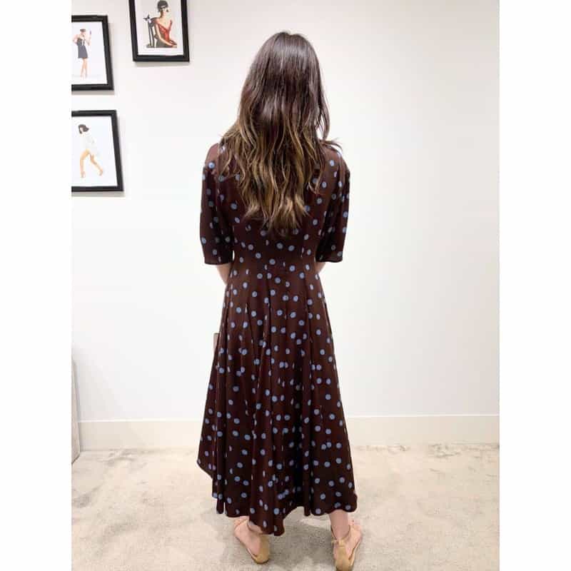 BARNEYS NEW YORK スエードライク ドット柄フレアドレス BROWN