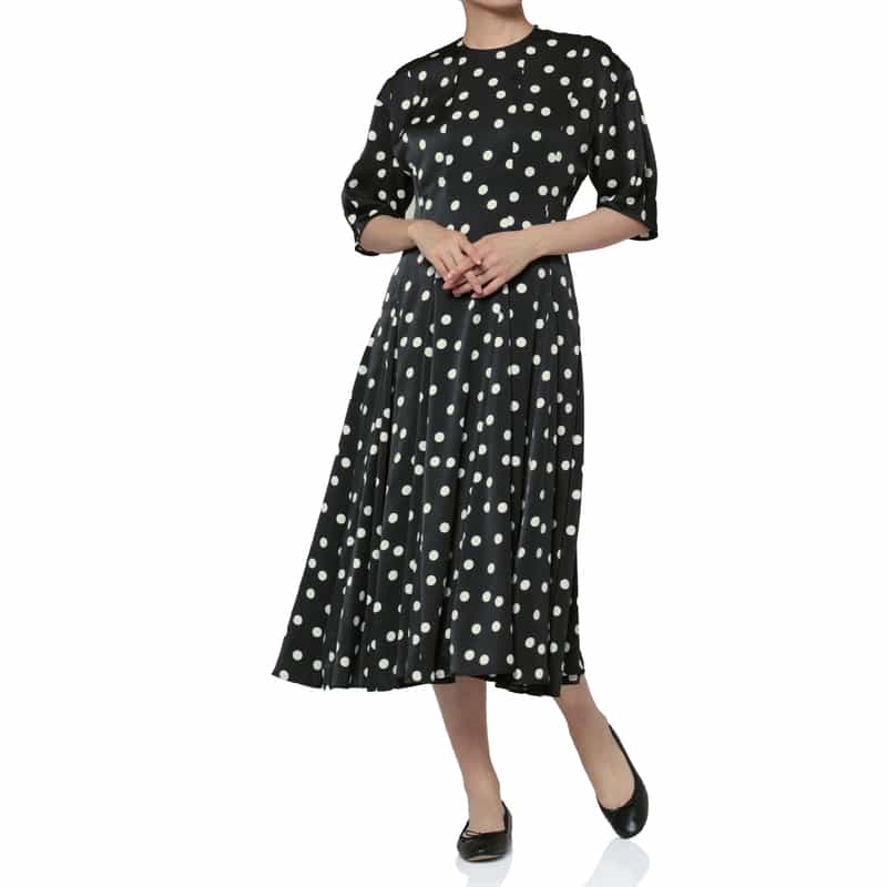 BARNEYS NEW YORK スエードライク ドット柄フレアドレス BLACK