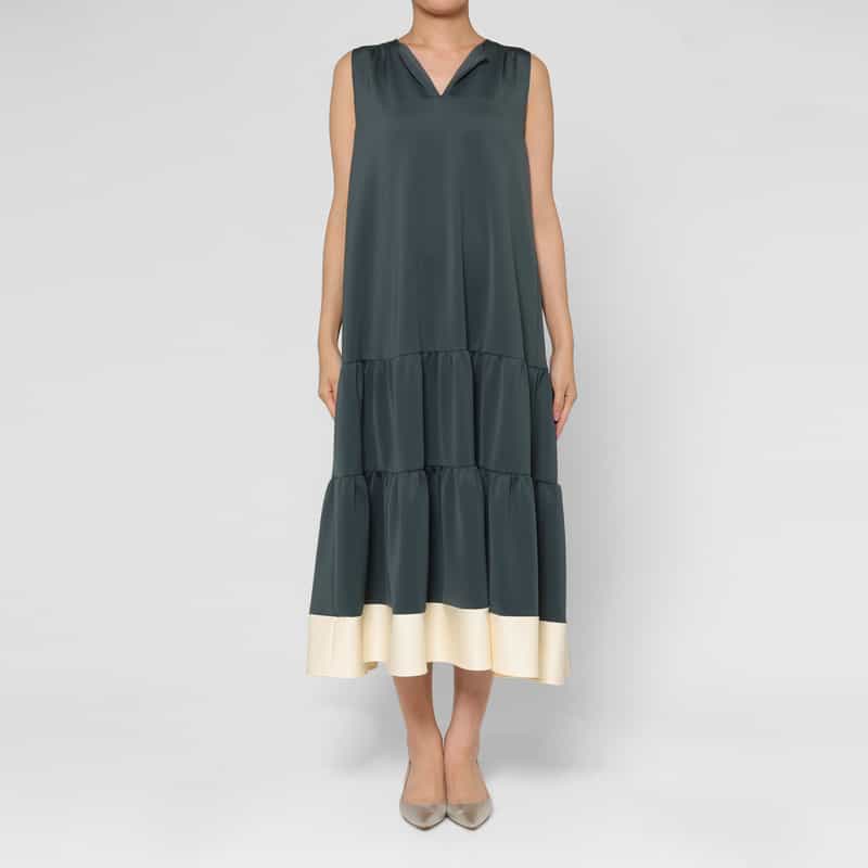 BARNEYS NEW YORK スクーバ素材 バイカラーティアードドレス GRAY