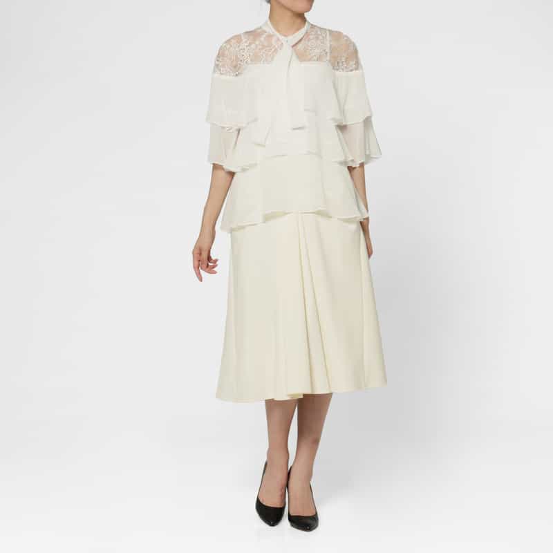 BARNEYS NEW YORK レース×シフォン素材ティアードデザイン ボウタイブラウス WHITE