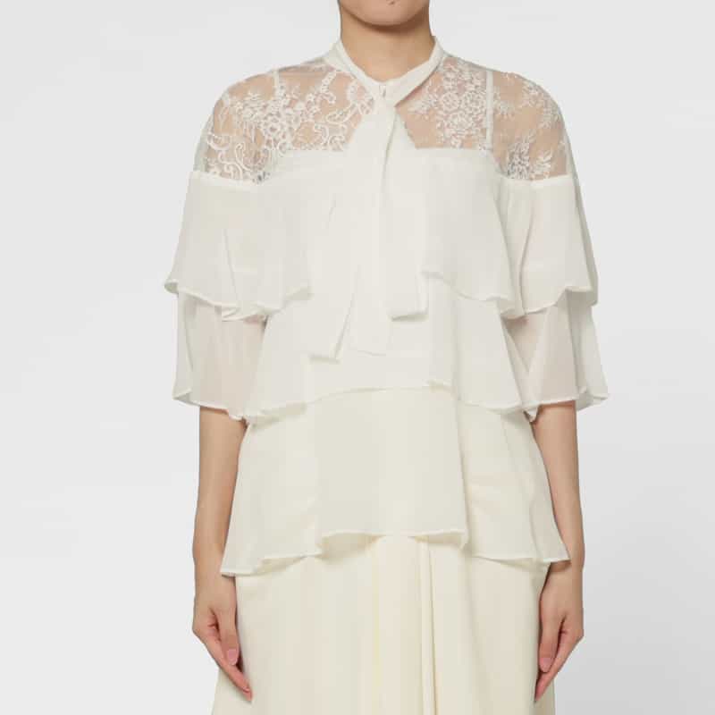 BARNEYS NEW YORK レース×シフォン素材ティアードデザイン ボウタイブラウス WHITE