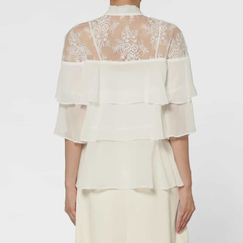 BARNEYS NEW YORK レース×シフォン素材ティアードデザイン ボウタイブラウス WHITE
