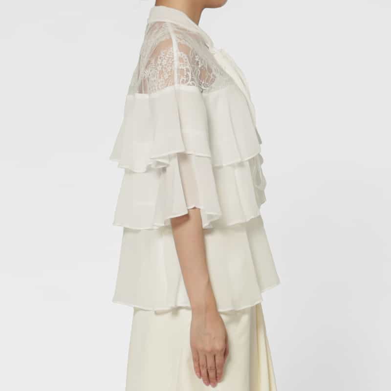 BARNEYS NEW YORK レース×シフォン素材ティアードデザイン ボウタイブラウス WHITE