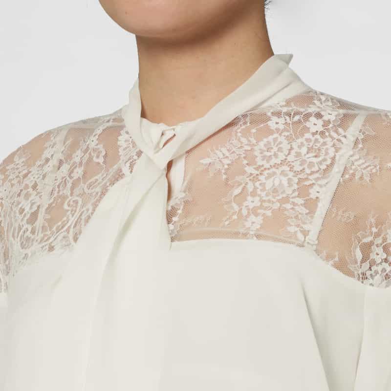 BARNEYS NEW YORK レース×シフォン素材ティアードデザイン ボウタイブラウス WHITE