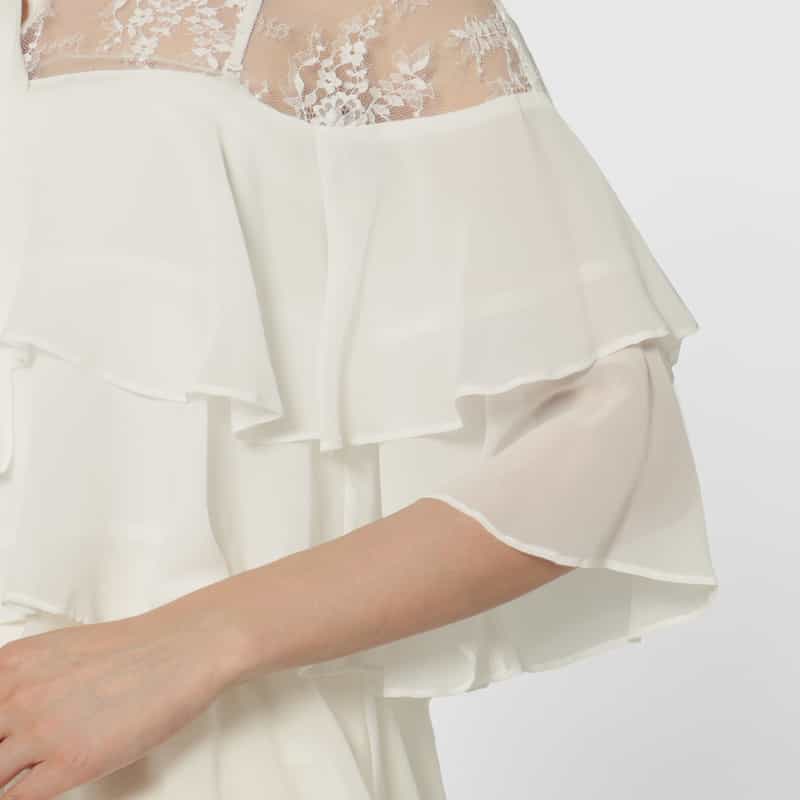 BARNEYS NEW YORK レース×シフォン素材ティアードデザイン ボウタイブラウス WHITE