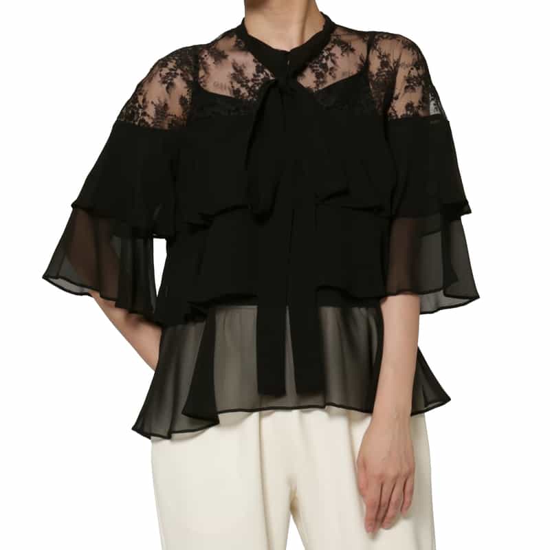 BARNEYS NEW YORK レース×シフォン素材ティアードデザイン ボウタイブラウス BLACK