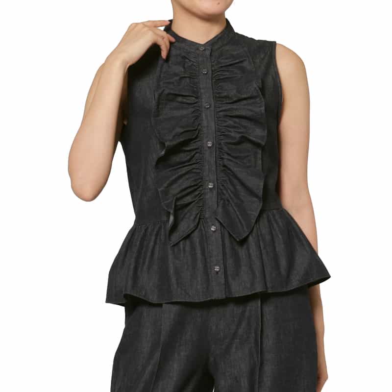 BARNEYS NEW YORK セットアップ ウォッシャブル デニム素材ラッフルデザインバンドカラーブラウス NAVY