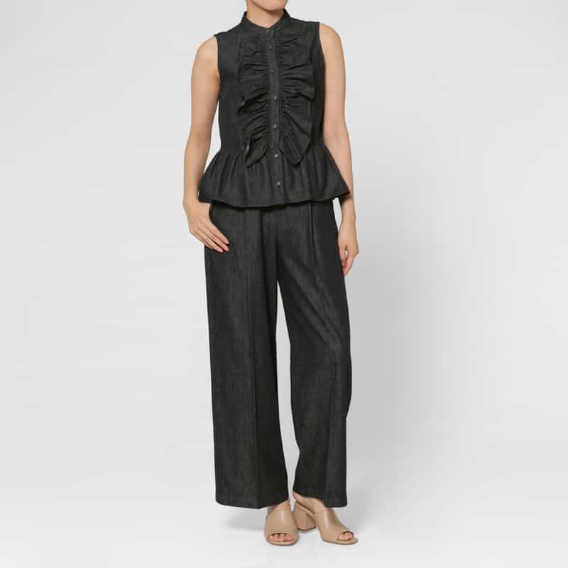 BARNEYS NEW YORK セットアップ ウォッシャブル デニム素材ラッフルデザインバンドカラーブラウス NAVY