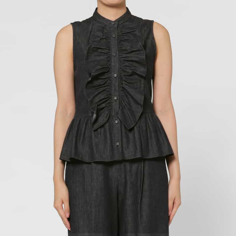 BARNEYS NEW YORK セットアップ ウォッシャブル デニム素材ラッフルデザインバンドカラーブラウス NAVY