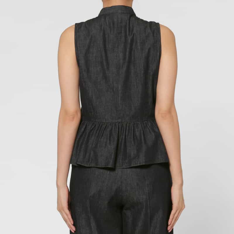 BARNEYS NEW YORK セットアップ ウォッシャブル デニム素材ラッフルデザインバンドカラーブラウス NAVY