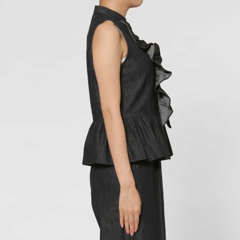 BARNEYS NEW YORK セットアップ ウォッシャブル デニム素材ラッフルデザインバンドカラーブラウス NAVY