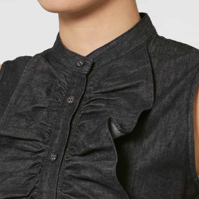 BARNEYS NEW YORK セットアップ ウォッシャブル デニム素材ラッフルデザインバンドカラーブラウス NAVY