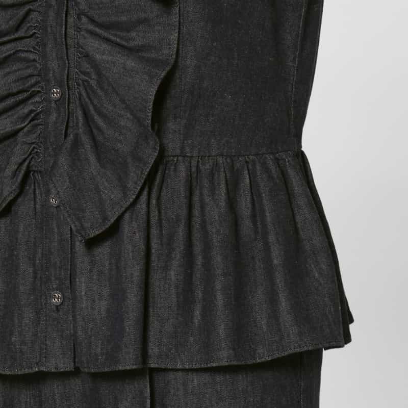 BARNEYS NEW YORK セットアップ ウォッシャブル デニム素材ラッフルデザインバンドカラーブラウス NAVY
