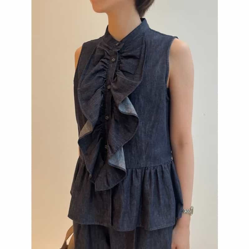 BARNEYS NEW YORK セットアップ ウォッシャブル デニム素材ラッフルデザインバンドカラーブラウス NAVY