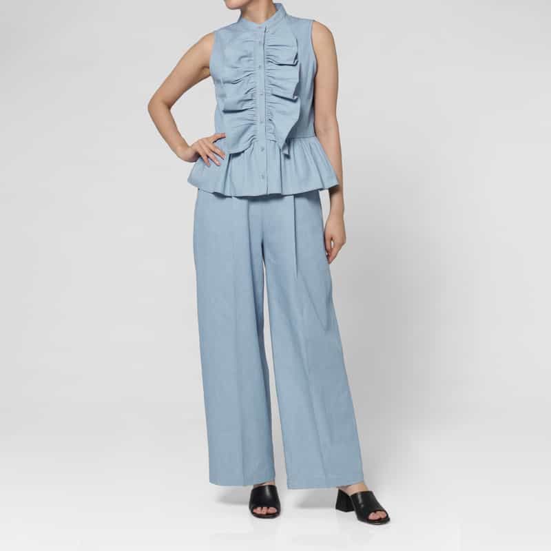BARNEYS NEW YORK セットアップ ウォッシャブル デニム素材ワイドパンツ BLUE
