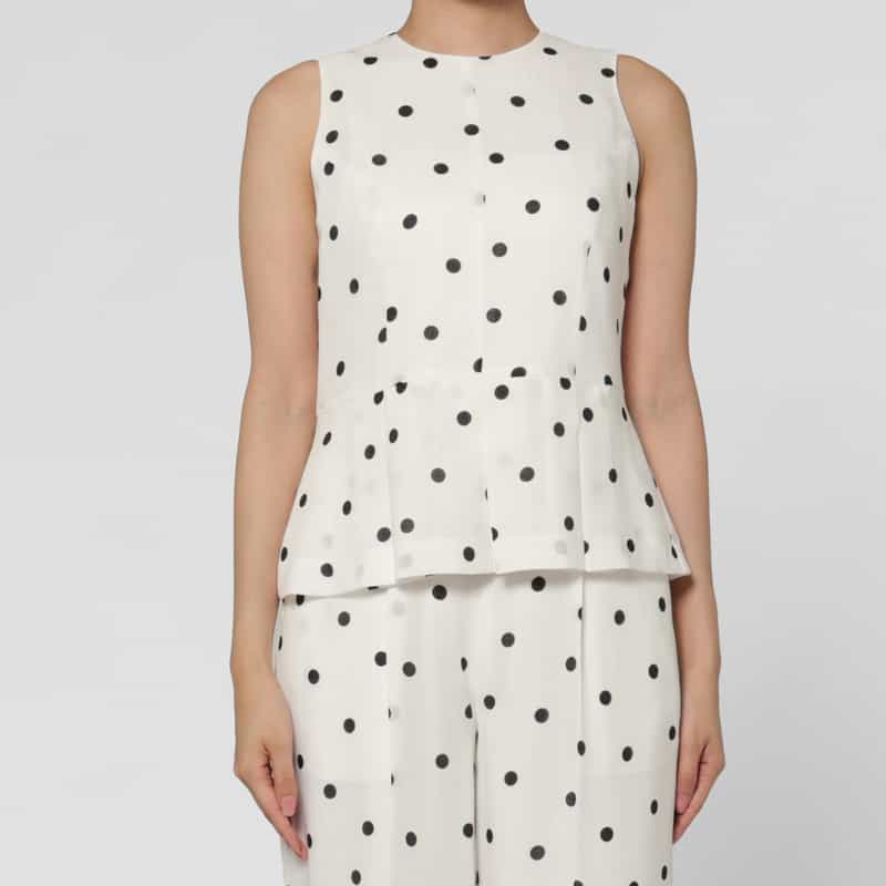 BARNEYS NEW YORK セットアップ ウォッシャブル リネンライク ドット柄ペプラムヘムブラウス WHITE