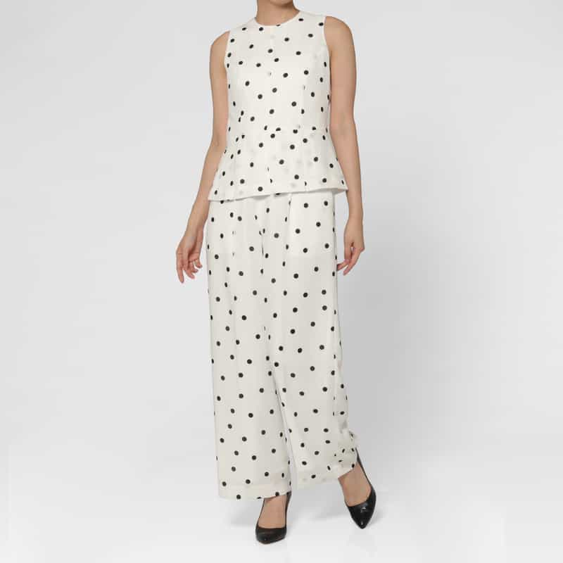 BARNEYS NEW YORK セットアップ ウォッシャブル リネンライク ドット柄ワイドパンツ WHITE
