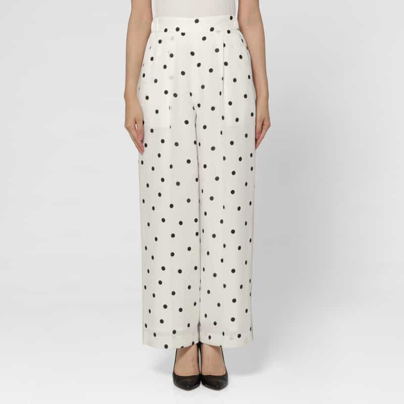 BARNEYS NEW YORK セットアップ ウォッシャブル リネンライク ドット柄ワイドパンツ WHITE