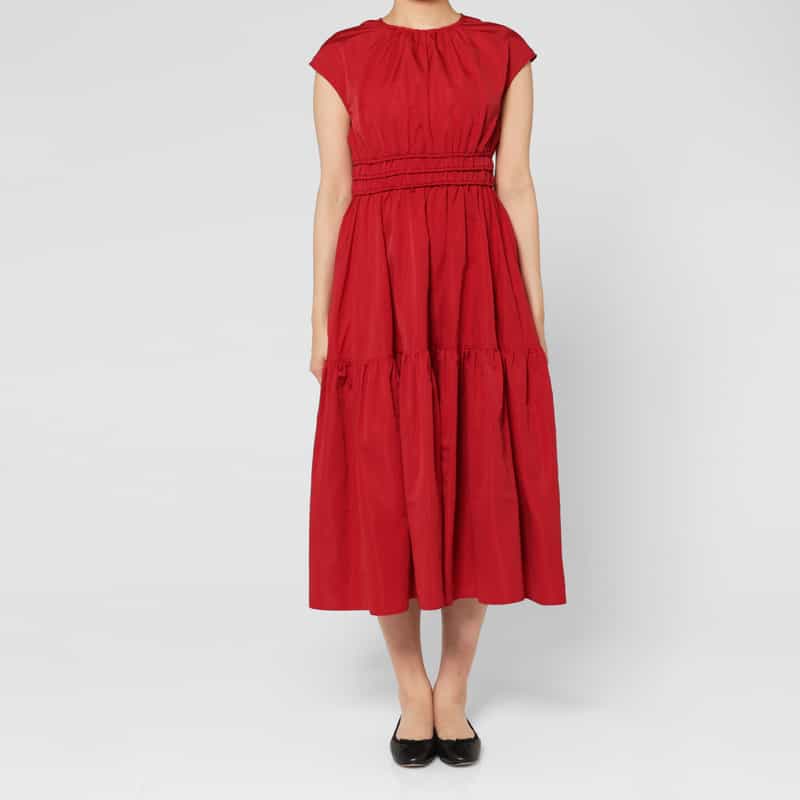 BARNEYS NEW YORK ウォッシャブル ウエストギャザー シャーリングドレス RED