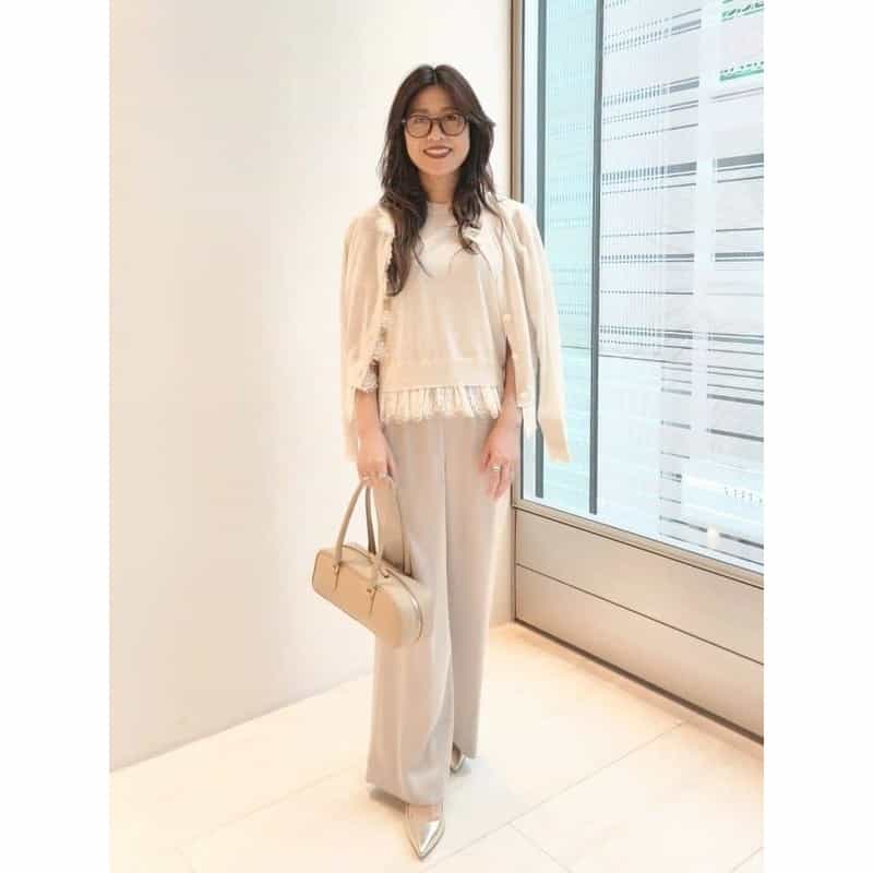BARNEYS NEW YORK ウォッシャブル 接触冷感シャイニー素材 ワイドパンツ GRAY BEIGE