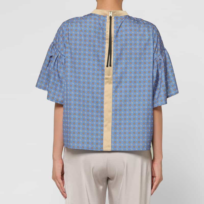 BARNEYS NEW YORK ウォッシャブル 小紋柄プリント フレアスリーブバイカラーブラウス BLUE
