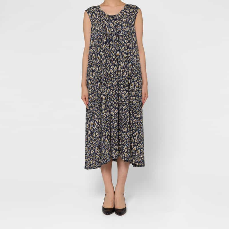 BARNEYS NEW YORK ウォッシャブル コットン素材プリントドレス NAVY