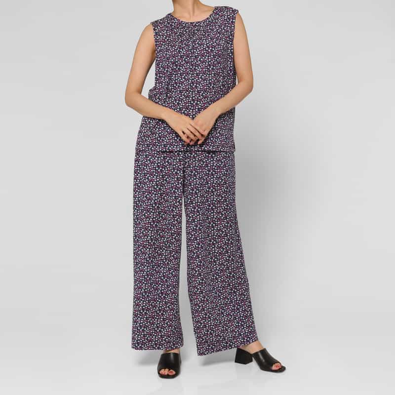 BARNEYS NEW YORK セットアップ ウォッシャブル フラワープリント ギャザーパンツ NAVY