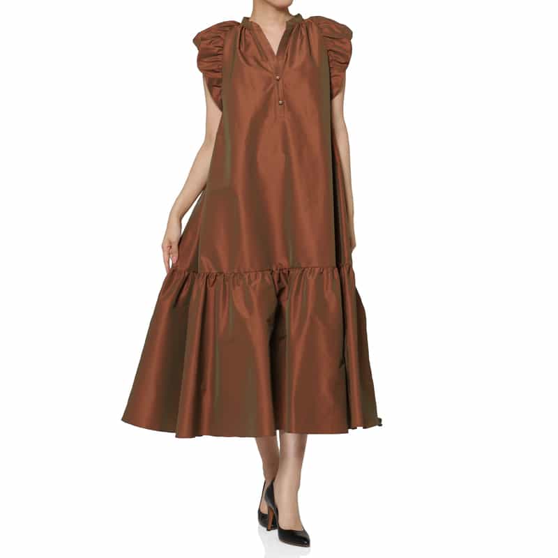 BARNEYS NEW YORK ウォッシャブル グログラン素材フリルスリーブAラインドレス BROWN
