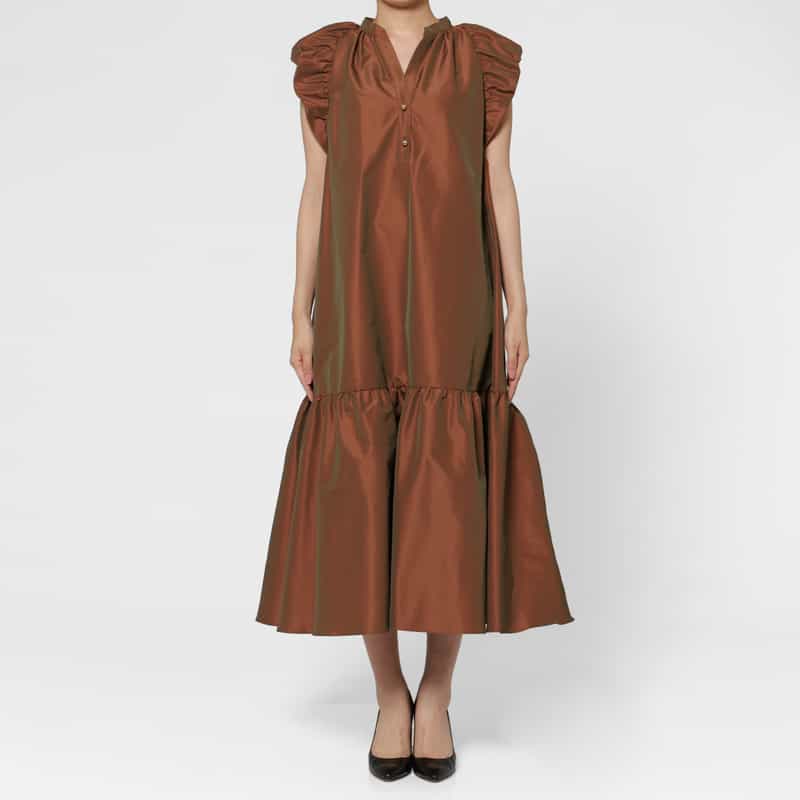 BARNEYS NEW YORK ウォッシャブル グログラン素材フリルスリーブAラインドレス BROWN