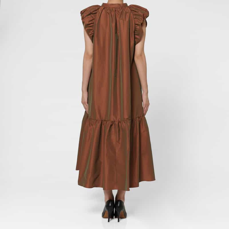 BARNEYS NEW YORK ウォッシャブル グログラン素材フリルスリーブAラインドレス BROWN